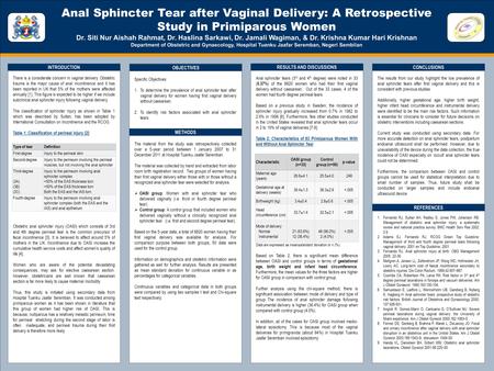 TEMPLATE DESIGN © 2008 www.PosterPresentations.com Anal Sphincter Tear after Vaginal Delivery: A Retrospective Study in Primiparous Women Dr. Siti Nur.