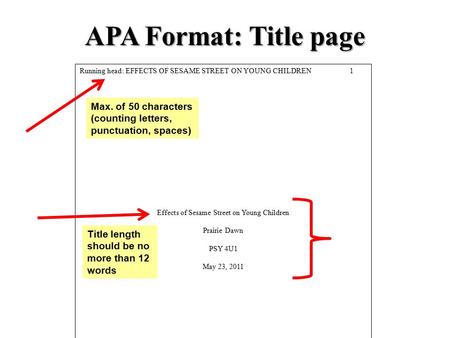 APA Format: Title page Running head: EFFECTS OF SESAME STREET ON YOUNG CHILDREN1 Effects of Sesame Street on Young Children Prairie Dawn PSY 4U1 May 23,