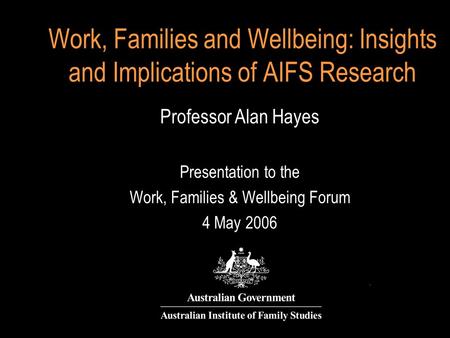 Work, Families and Wellbeing: Insights and Implications of AIFS Research Professor Alan Hayes Presentation to the Work, Families & Wellbeing Forum 4 May.