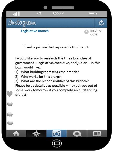 4G 9:00 AM Legislative Branch Insert a date I would like you to research the three branches of government – legislative, executive, and judicial. In this.