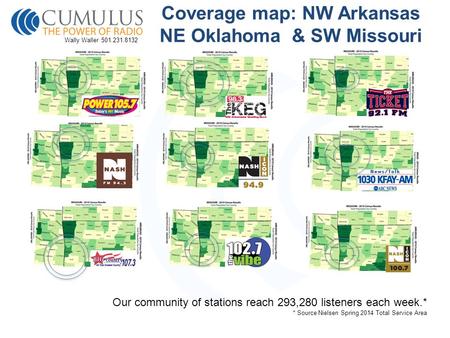 Coverage map: NW Arkansas NE Oklahoma & SW Missouri Our community of stations reach 293,280 listeners each week.* * Source Nielsen Spring 2014 Total Service.