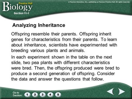 Go to Section: Analyzing Inheritance Offspring resemble their parents. Offspring inherit genes for characteristics from their parents. To learn about inheritance,