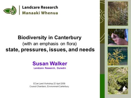 Biodiversity in Canterbury (with an emphasis on flora) state, pressures, issues, and needs Susan Walker Landcare Research, Dunedin ECan Land Workshop 22.