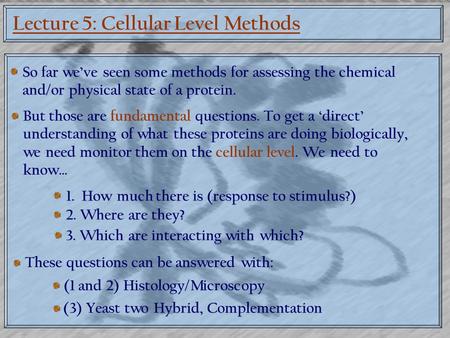 Lecture 5: Cellular Level Methods So far we’ve seen some methods for assessing the chemical and/or physical state of a protein. But those are fundamental.