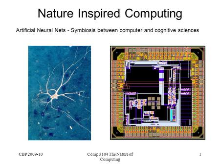 CBP 2009-10Comp 3104 The Nature of Computing 1 Nature Inspired Computing Artificial Neural Nets - Symbiosis between computer and cognitive sciences.