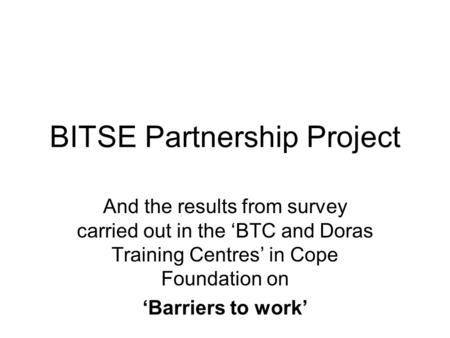 BITSE Partnership Project And the results from survey carried out in the ‘BTC and Doras Training Centres’ in Cope Foundation on ‘Barriers to work’