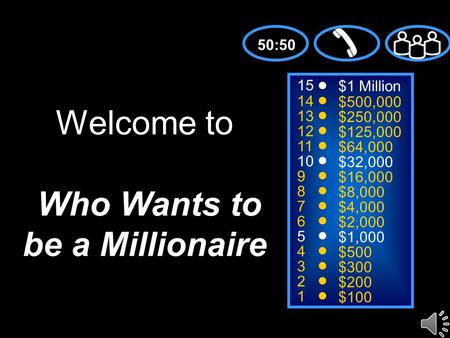 15 14 13 12 11 10 9 8 7 6 5 4 3 2 1 $1 Million $500,000 $250,000 $125,000 $64,000 $32,000 $16,000 $8,000 $4,000 $2,000 $1,000 $500 $300 $200 $100 Welcome.