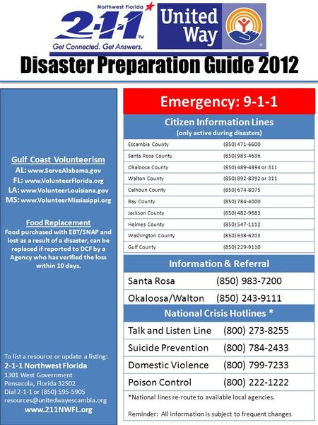 Disaster Preparation Guide 2012 Citizen Information Lines (only active during disasters) Escambia County(850) 471-6600 Santa Rosa County(850) 983-4636.