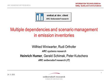 1 ARC SEIBERSDORF RESEARCH INFORMATION TECHNOLOGIES for Safety, Quality and Communications 24. 9. 2003 Multiple dependencies and scenario management in.