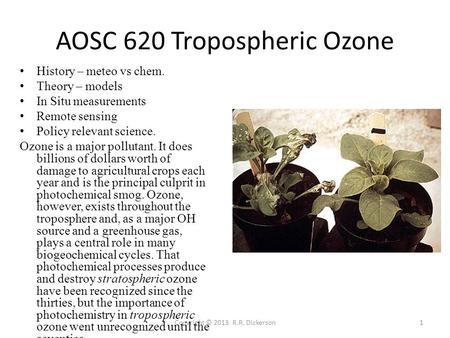 Copyright © 2013 R.R. Dickerson1 AOSC 620 Tropospheric Ozone History – meteo vs chem. Theory – models In Situ measurements Remote sensing Policy relevant.