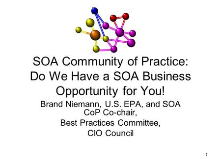 1 SOA Community of Practice: Do We Have a SOA Business Opportunity for You! Brand Niemann, U.S. EPA, and SOA CoP Co-chair, Best Practices Committee, CIO.