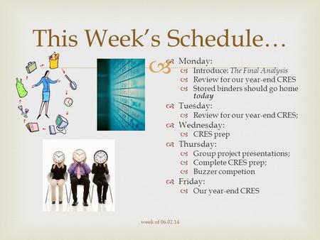  week of 06.02.14 This Week’s Schedule…  Monday:  Introduce: The Final Analysis  Review for our year-end CRES  Stored binders should go home today.