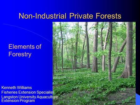 Non-Industrial Private Forests Kenneth Williams Fisheries Extension Specialist Langston University Aquaculture Extension Program Elements of Forestry.