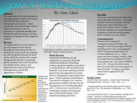 By Gino Llave Abstract The main point of this presentation is primarily meant to explore the issues that GM fish have upon the environment and society.