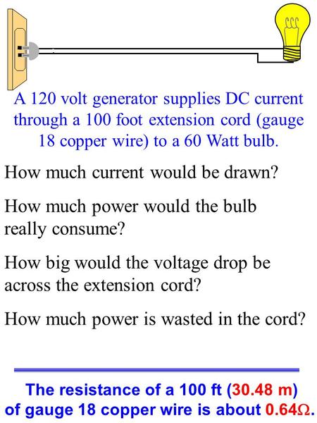 The resistance of a 100 ft (30.48 m) of gauge 18 copper wire is about 0.64 . A 120 volt generator supplies DC current through a 100 foot extension cord.