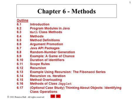  2002 Prentice Hall. All rights reserved. 1 Chapter 6 - Methods Outline 6.1 Introduction 6.2 Program Modules in Java 6.3 Math Class Methods 6.4 Methods.