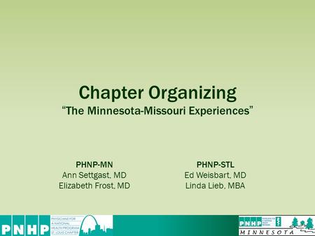 Chapter Organizing “The Minnesota-Missouri Experiences” PHNP-MN Ann Settgast, MD Elizabeth Frost, MD PHNP-STL Ed Weisbart, MD Linda Lieb, MBA.