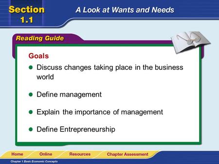 Goals Discuss changes taking place in the business world Define management Explain the importance of management Define Entrepreneurship.