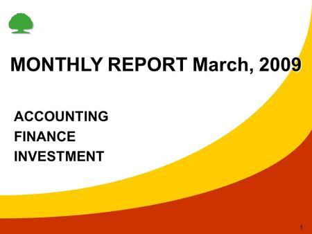 1 MONTHLY REPORT March, 2009 ACCOUNTING FINANCE INVESTMENT.