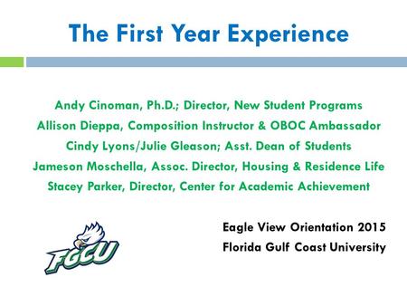 The First Year Experience Andy Cinoman, Ph.D.; Director, New Student Programs Allison Dieppa, Composition Instructor & OBOC Ambassador Cindy Lyons/Julie.