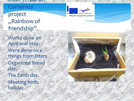 Works done on April and May. Were done nice things from litters. Organized Bread day. The Earth day. Meeting birds holiday. Lithuanian team from Telsiai.