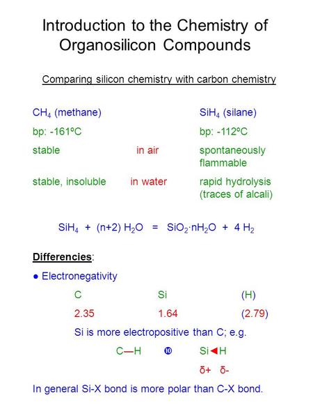 Introduction to the Chemistry of Organosilicon Compounds Comparing silicon chemistry with carbon chemistry CH 4 (methane)SiH 4 (silane) bp: -161ºCbp: -112ºC.