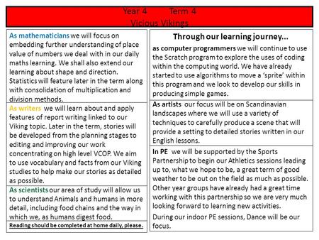 Year 4 Term 4 Vicious Vikings Through our learning journey... as computer programmers we will continue to use the Scratch program to explore the uses of.