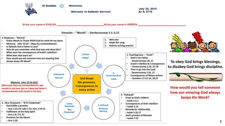 El Shaddai Ministries July 25, 2015 Welcome to Sabbath Service! Av 9, 5775 1 Write your name in ENGLISH. _________________________________Write your name.