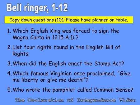 1.Which English King was forced to sign the Magna Carta in 1215 A.D.? 2.List four rights found in the English Bill of Rights. 3.When did the English enact.