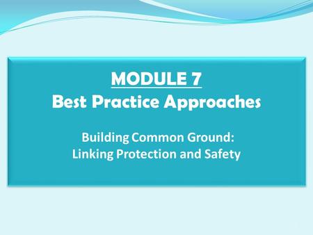 MODULE 7 Best Practice Approaches Building Common Ground: Linking Protection and Safety 1.