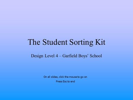 The Student Sorting Kit Design Level 4 – Garfield Boys’ School On all slides, click the mouse to go on Press Esc to end.