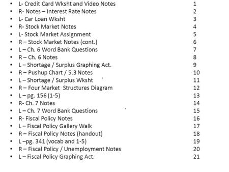 L- Credit Card Wksht and Video Notes1 R- Notes – Interest Rate Notes2 L- Car Loan Wksht3 R- Stock Market Notes4 L- Stock Market Assignment 5 R – Stock.