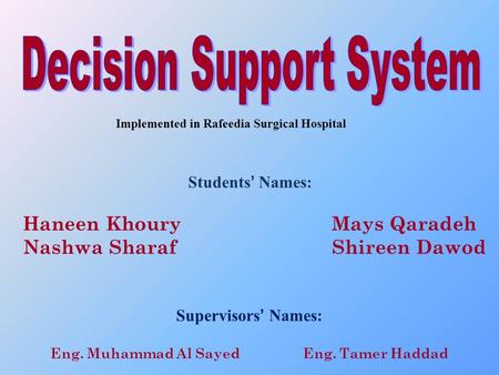 Students ’ Names: Haneen Khoury Mays Qaradeh Nashwa Sharaf Shireen Dawod Supervisors ’ Names: Eng. Muhammad Al Sayed Eng. Tamer Haddad Implemented in Rafeedia.