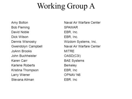 Working Group A Amy BoltonNaval Air Warfare Center Bob FlemingSPAWAR David NobleEBR, Inc. Dick WilsonEBR, Inc. Dennis WisnoskyWizdom Systems, Inc. Gwendolyn.