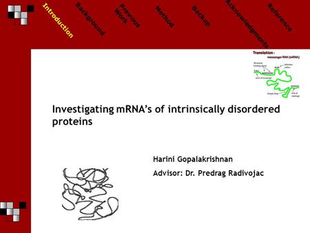 Introduction Prev i ous Work Method Backup Acknowledgments Reference Background Investigating mRNA’s of intrinsically disordered proteins Harini Gopalakrishnan.