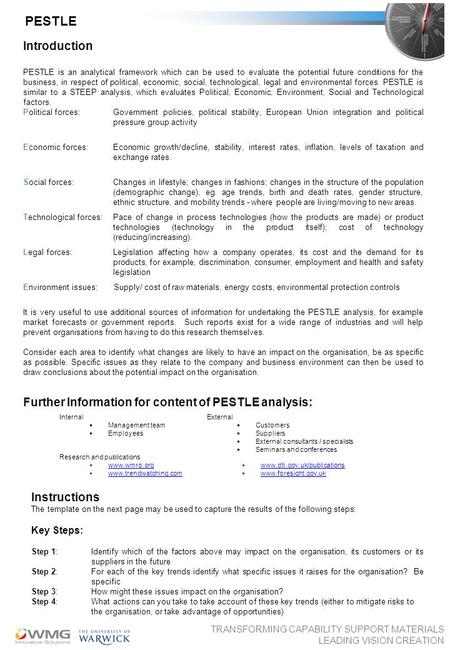 TRANSFORMING CAPABILITY SUPPORT MATERIALS LEADING VISION CREATION PESTLE Introduction PESTLE is an analytical framework which can be used to evaluate the.