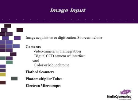 Image Input Image acquisition or digitization. Sources include- Cameras Video camera w/ framegrabber Digital CCD camera w/ interface card Color or Monochrome.