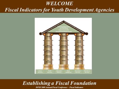 Establishing a Fiscal Foundation DFSS 2009 Annual Fiscal Conference – Fiscal Indicators WELCOME Fiscal Indicators for Youth Development Agencies.