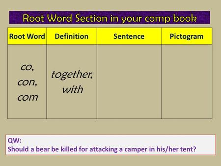 Root WordDefinitionSentencePictogram co, con, com together, with QW: Should a bear be killed for attacking a camper in his/her tent?