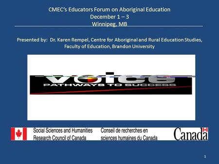 CMEC’s Educators Forum on Aboriginal Education December 1 – 3 Winnipeg, MB Presented by: Dr. Karen Rempel, Centre for Aboriginal and Rural Education Studies,