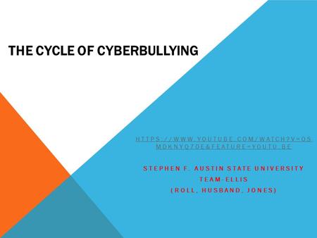 THE CYCLE OF CYBERBULLYING HTTPS://WWW.YOUTUBE.COM/WATCH?V=OS MDKNYQ70E&FEATURE=YOUTU.BE STEPHEN F. AUSTIN STATE UNIVERSITY TEAM-ELLIS (ROLL, HUSBAND,