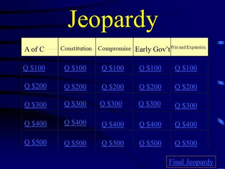 Jeopardy A of C ConstitutionCompromise Early Gov’t War and Expansion Q $100 Q $200 Q $300 Q $400 Q $500 Q $100 Q $200 Q $300 Q $400 Q $500 Final Jeopardy.