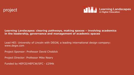 Project Learning Landscapes: clearing pathways, making spaces – involving academics in the leadership, governance and management of academic spaces Lead.