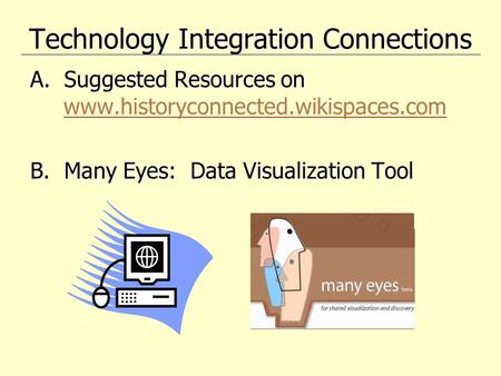 Technology Integration Connections A. Suggested Resources on www.historyconnected.wikispaces.com www.historyconnected.wikispaces.com B. Many Eyes: Data.