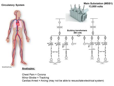 Texasheart.org Main Substation (MSS1) 13,800 volts Analogies: Chest Pain = Corona Minor Stroke = Tracking Cardiac Arrest = Arcing (may not be able to resuscitate.