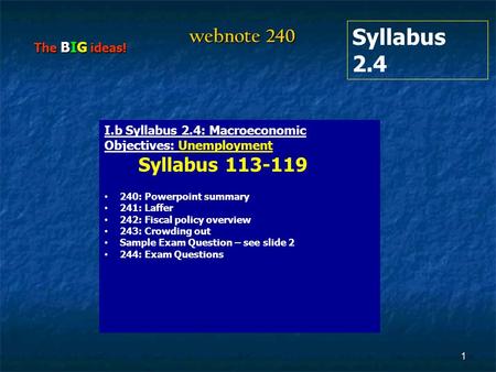 1 webnote 240 Syllabus 2.4 The BIG ideas! I.b Syllabus 2.4: Macroeconomic Objectives: Unemployment Syllabus 113-119 240: Powerpoint summary 241: Laffer.