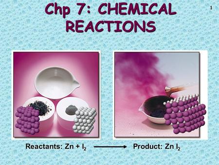 1 Chp 7: CHEMICAL REACTIONS Reactants: Zn + I 2 Product: Zn I 2.