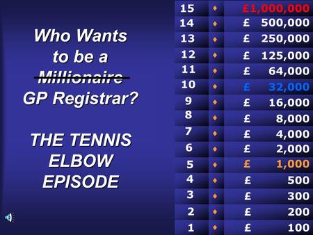 Who Wants to be a Millionaire GP Registrar? THE TENNIS ELBOW EPISODE                £ 100 £ 200 £ 300 £ 500 £ 2,000 £ 1,000 £ 4,000 £ 8,000.