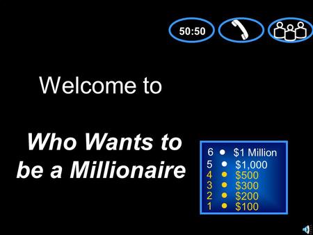 5 4 3 2 1 $1,000 $500 $300 $200 $100 Welcome to Who Wants to be a Millionaire 50:50 6 $1 Million.