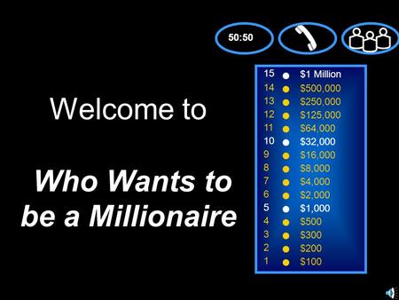 15 14 13 12 11 10 9 8 7 6 5 4 3 2 1 $1 Million $500,000 $250,000 $125,000 $64,000 $32,000 $16,000 $8,000 $4,000 $2,000 $1,000 $500 $300 $200 $100 Welcome.